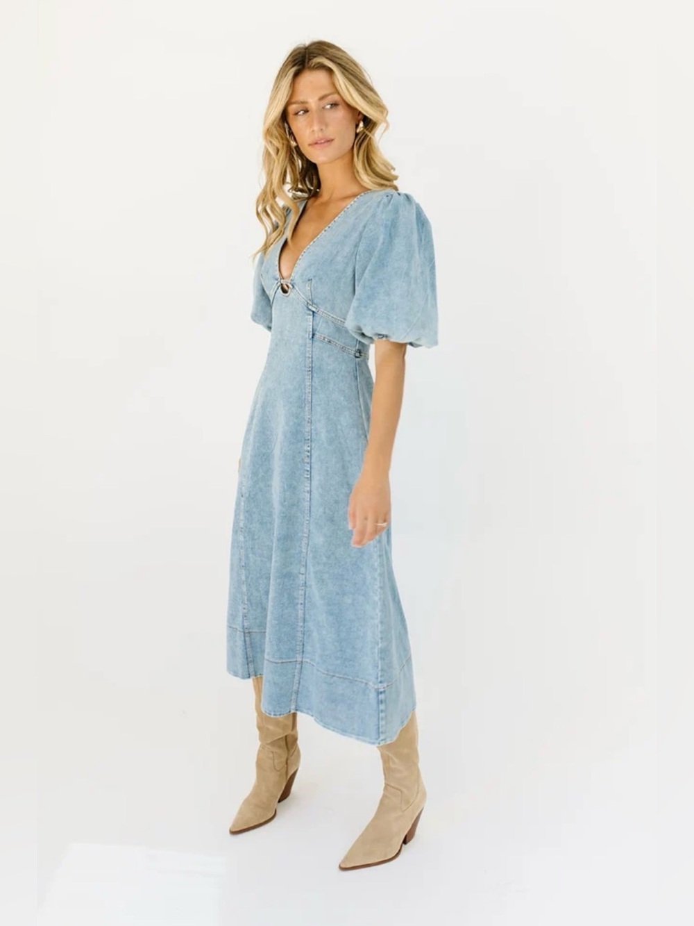 Zoco Sara Beth Denim Midi Dress blue acid wash A-line puffy sleeves size XL